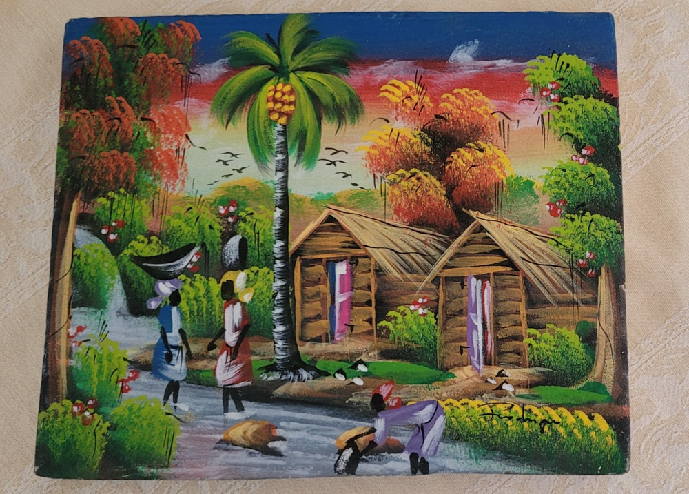 ORIGINAL Hand-Painted Native Oil Painting – Caribbean Island Village- 8X10 in