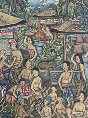 Vintage Balinese Village Scene Painting Signed I Made Satuan Bali Indonesia