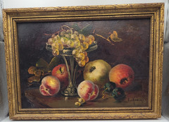 Vintage 1930s E. Adam Signed Oil Painting Still Life Fruit Framed Art Board