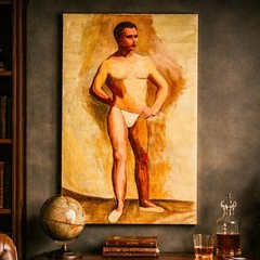 Large Semi Nude Male Man Portrait Art Study Antique Oil Painting