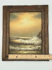 Antique Oil Seascape Painting Signed C. Rownay in Rustic Rope Wood Frame 12.5×10