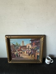FINE ANTIQUE FIGURATIVE LANDSCAPE OIL PAINTING OLD VINTAGE CITYSCAPE 1930s