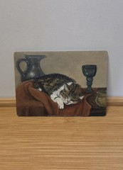ACEO Original Signed Cat Still Life | Oil On Wood Signed | Kitten Humor Funny