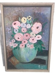 VTG ‘96 Still Life Flowers Ranunculus Roses Blue Vase Canvas Modern 18”x 25.75”