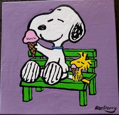 Snoopy and Woodstock Eating Ice Cream, 6″ x 6″ Original Acrylic Painting