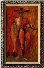 ANTHONY RIZZO VINTAGE MODERN ABSTRACT CUBIST CUBISM OIL PAINTING RED FISHERMAN
