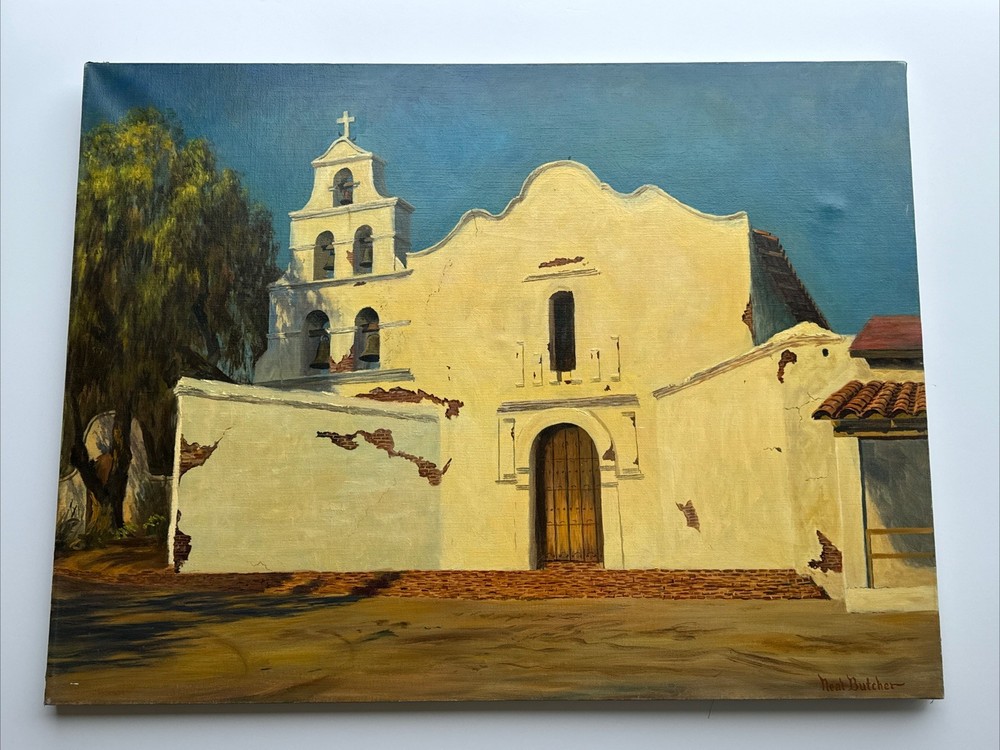 CALIFORNIA MISSION PAINTING LARGE VINTAGE NEAL BUTCHER LANDSCAPE LISTED 40″ OIL