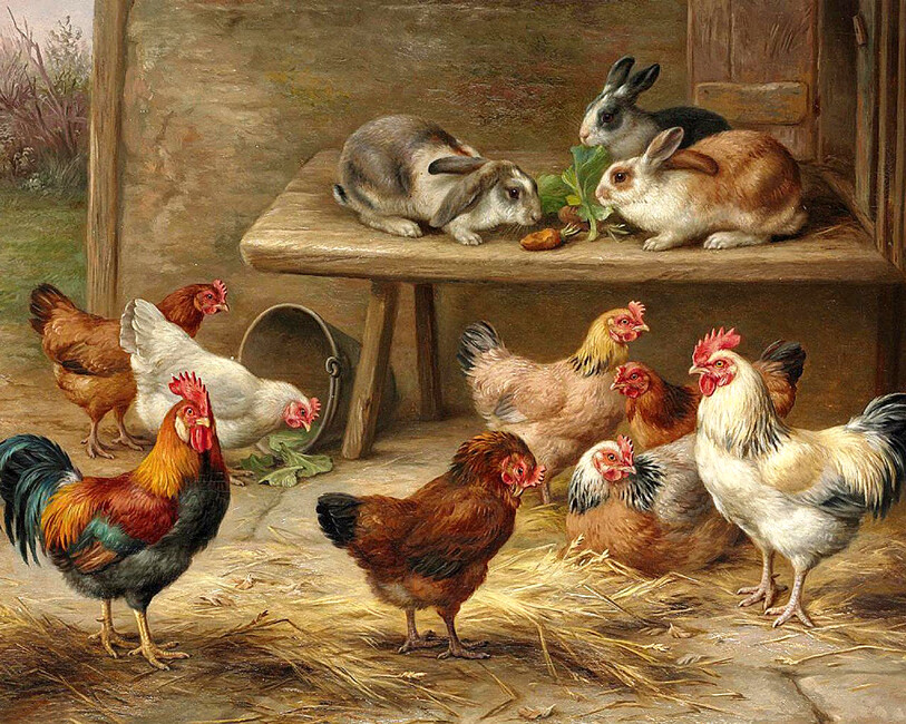 Giclee Chicken and rabbit oil painting Art Printed on canvas