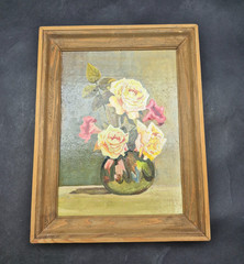 Vintage Still Life Oil Painting Yellow Roses Flowers Framed Wood Wall Art