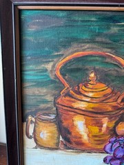Vintage Still Life Painting Fruit Wine Kettle Signed MCM