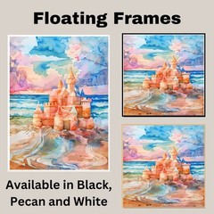 Watercolor Painting of a Multicolored Sandcastle by the Ocean Shore at Sunset