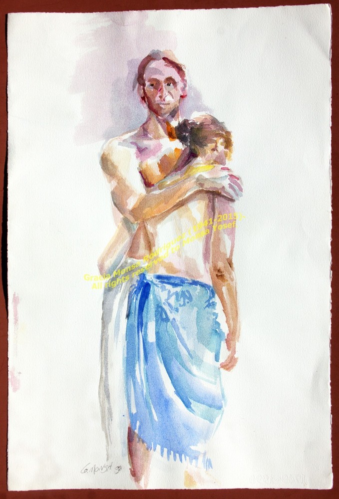 Couple Man hand up & Woman Models 1998 aquarel Watercolor Painting art DECOR