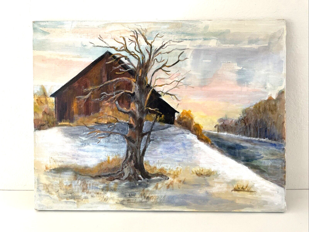 Vintage Landscape Painting 24×18″ Barn in Winter signed S Bruder