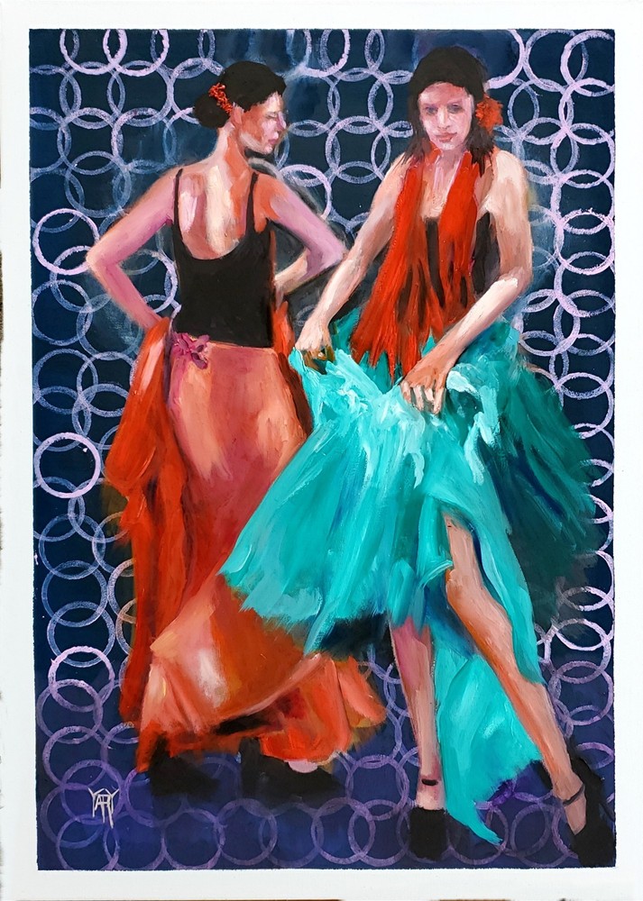 YARY DLUHOS Flamenco Dancers Spain Women Girls Figures Original Art Oil Painting