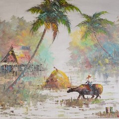 Oil On Canvas Water Buffalo In The Rice Field Artist To Be Determined? Indonesia