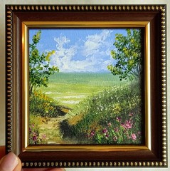 Summer ORIGINAL OIL PAINTING Landscape Field Road Flowers Wall Art 4 x 4 in