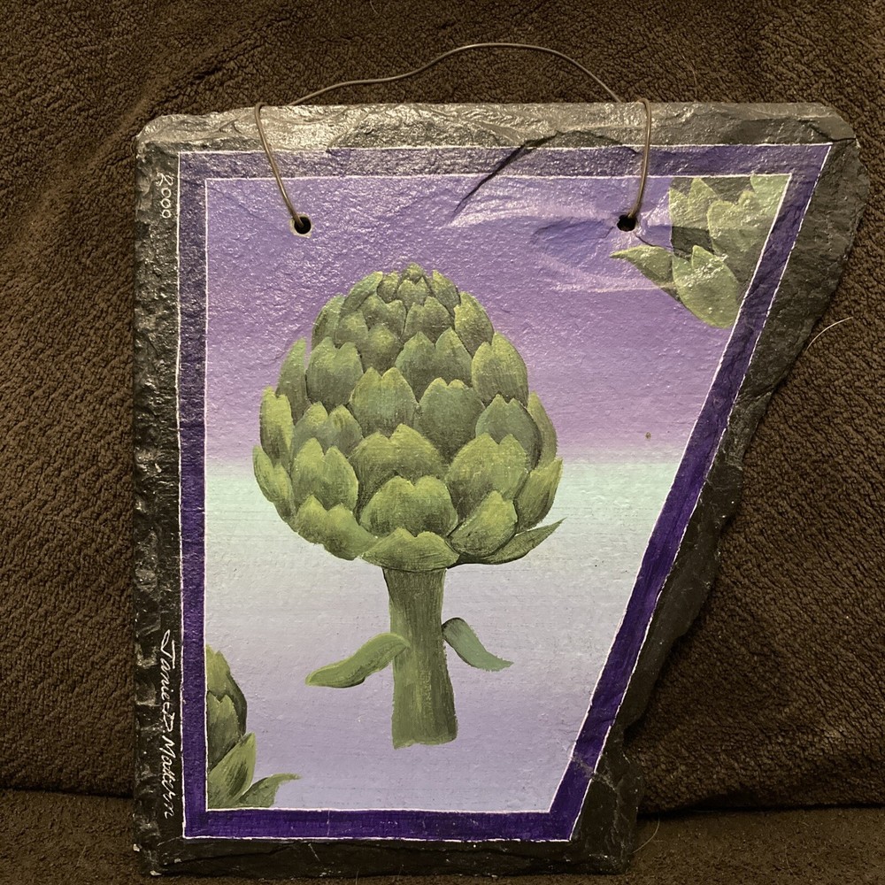 Artichoke Painting Slate Wall Hanging Decor Hand-painted Signed Janie D Mattern