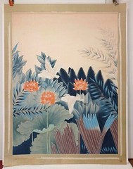 LARGE ASIAN FLORAL FOREST w/ BIRDS ORIGINAL WATERCOLOR on SILK MYSTERY ARTIST