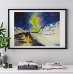 Original watercolor painting Northern lights 24×31 cm Landscape