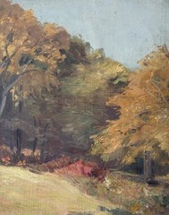 Vintage American Autumn Landscape Oil Painting on Canvas Laid to Board Framed