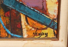 BILL NEWSOM Boat Scene and Harbor by a Row of Buildings oil painting