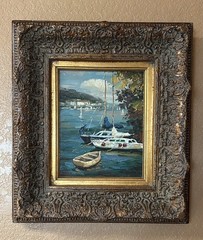 Impressionist Style Canvas Oil Painting Boats In Harbor Scene Ornate Frame