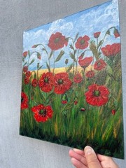 Poppies Field Summer Painting Acrylic Gilding Hardboard 11×12 inch Exclusive