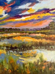 Abstract Landscape Oil Painting Original Impasto Textured Sunset Marsh art 15×12