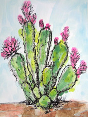 ACEO Desert SUCCULENT PRICKLY CACTUS PLANT Watercolor Painting Art