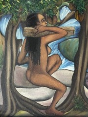 VINTAGE CUBISM LANDSCAPE OIL PAINTING OLD MODERN TROPICAL ISLAND WOMAN 1950s