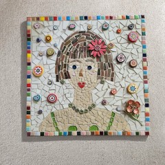 13×13″ Handmade Mosaic Portrait Wall Art, Colorful Folk Art Woman Tile Panel
