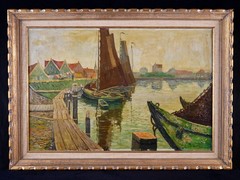 Antique Original Impressionist Oil on Canvas „Holland Harbor Scene“ By W. Sinot