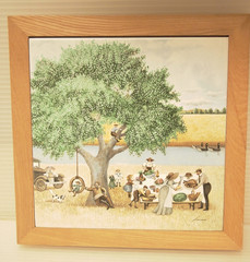 VINTAGE CERAMIC TILE ART BY AMERICAN ARTIST LOWELL HERRERO “HOLIDAY PICNIC“ ✓