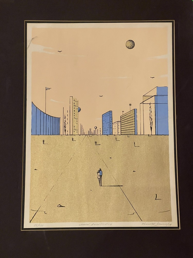 Kenneth Stancin Surrealist Modern Urban Architectus with Signed 1974