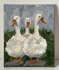 White Ducks Original Impressionist Oil Painting Signed Nursery Wall Decor