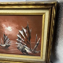 C.K Fang Acrylic Painting Vintage Gold Frame 13″ x 11″ Red Sky Boat Scene Set 2