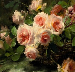 Pink Roses in a Basket Still Life Oil painting Giclee Printed on canvas P1832