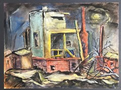 Mid Century Modernist dilapidated City Scene Watercolor painting.
