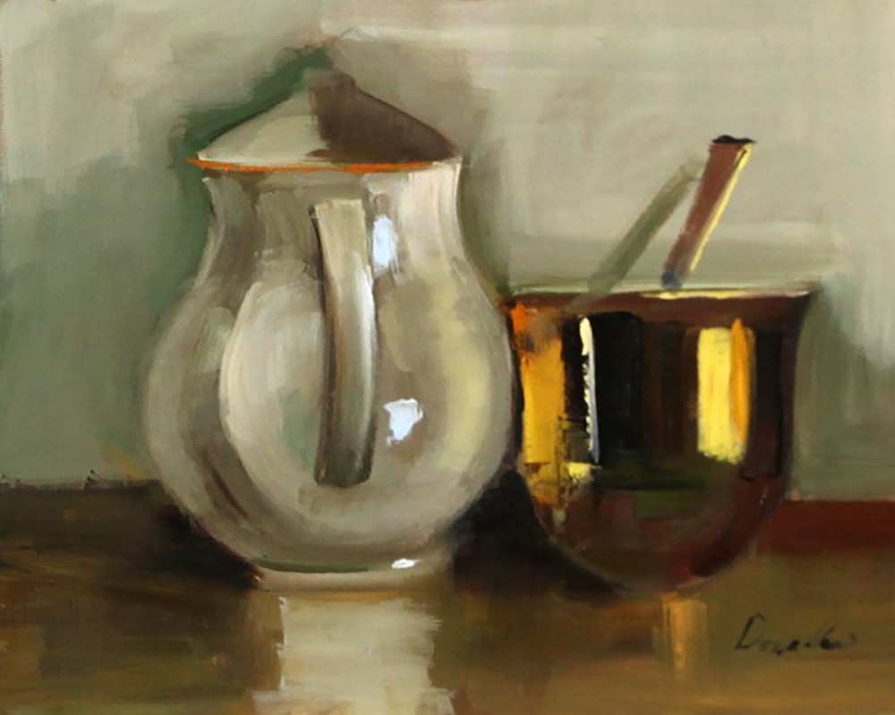 VINTAGE JUG AND gold cup still life Oil painting UKRAINE 8X10