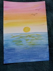 Original Watercolor 5×7 Painting Rainbow sunset over ocean by Tiffany Noel