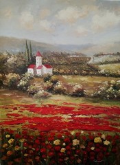 Scenery Village W/.Lush Field of Red Poppies Oil Painting on canvas Hand signed.