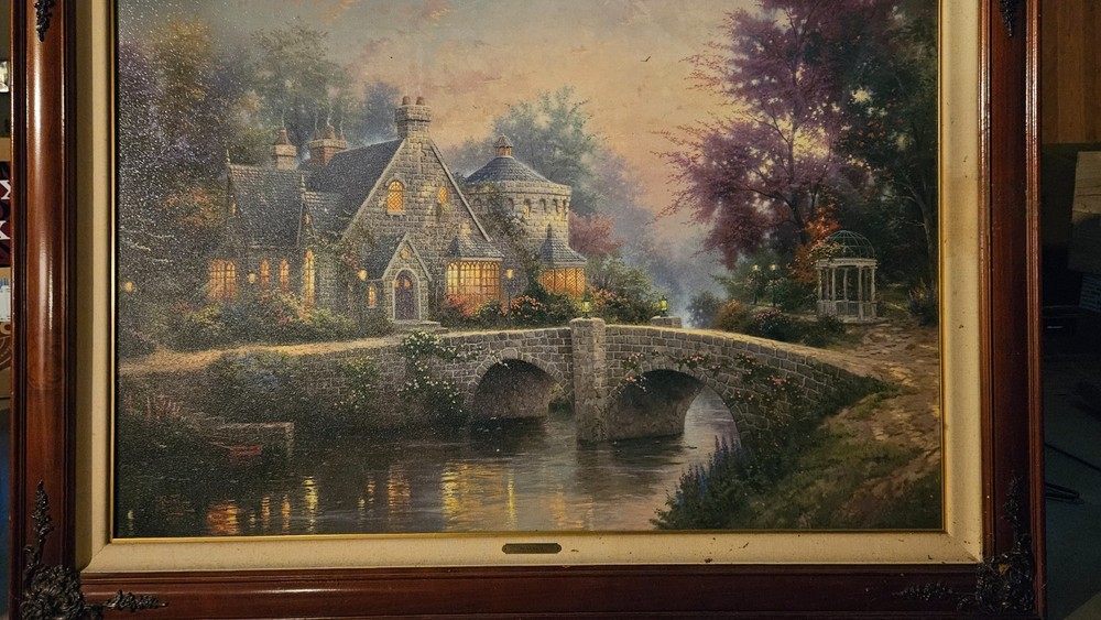 RARE Thomas Kinkade Hand-Highlighted Canvas Print: Lamplight Manor (28″x42″)