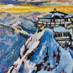 Alpine Mountain Sunrise Painting Original Art Snow Lodge Landscape Wall Decor