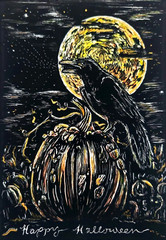 ACEO Original Halloween Raven Warty Pumpkin Moon Autumn Scratchboard E SOLLE