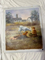 Vintage Farm Scene Oil Painting Children Feeding Goat Barn Landscape Art
