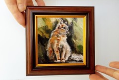 Ginger cat 4×4 inches Mini oil painting framed on stand read