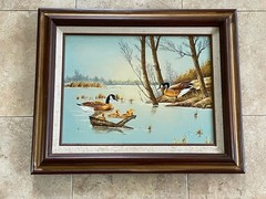 Vintage Geese W Chicks In Marsh Oil Painting By R SMITH, Wooden Framed, 18×22”