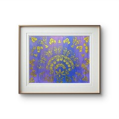 Gold Ornamental Pattern Painting Blue Purple Abstract Decor Art 11×14 Original.