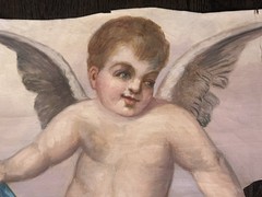 Antique 19c Oil on Canvas Painting of Flying Cherub Church Murals Chapel Panel