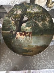 Hand Painted Wood Collector Plate Round Multicolor Cows Landscape Scene